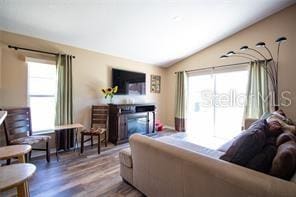 3030 Eagle Crossing Dr, Kissimmee, FL 34746 - living area featuring vaulted ceiling, healthy amount of natural light, wood finished floors, and a fireplace