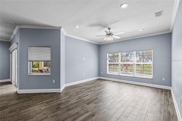 3427 Harborside Ct, Kissimmee, FL 34746 - spare room featuring ceiling fan, dark wood-style floors, recessed lighting, crown molding, and a textured ceiling
