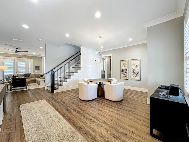960 Civitas Way, Winter Garden, FL 34787 - dining space with stairs, ornamental molding, hardwood / wood-style floors, baseboards, and a ceiling fan