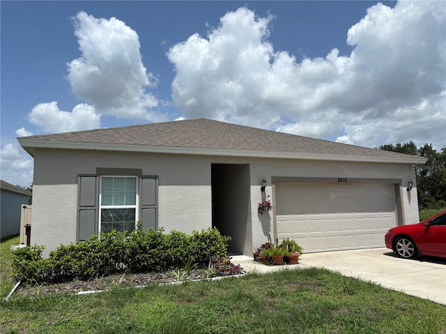 3476 Yarian Dr, Haines City, FL 33844 - ranch-style home with driveway, a garage, stucco siding, and roof with shingles
