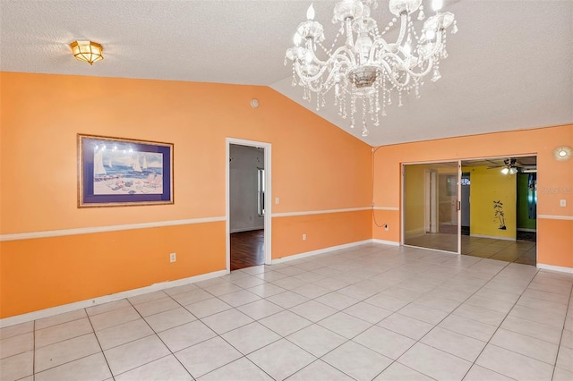 600 Regency Way, Kissimmee, FL 34758 - empty room featuring lofted ceiling, light tile patterned floors, a chandelier, a textured ceiling, and ceiling fan