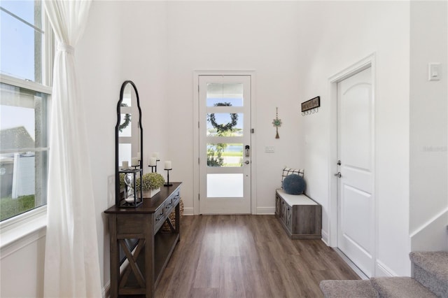 3224 Oxbow Ct, Harmony, FL 34773 - foyer featuring wood finished floors, a towering ceiling, stairway, and baseboards