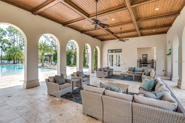 10836 Royal Cypress Way, Orlando, FL 32836 - view of patio with french doors, an outdoor hangout area, an outdoor pool, and a ceiling fan