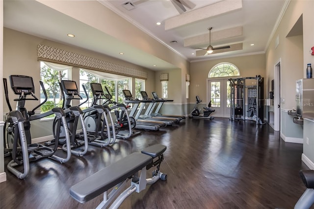 10836 Royal Cypress Way, Orlando, FL 32836 - gym with ceiling fan, baseboards, recessed lighting, wood finished floors, and ornamental molding