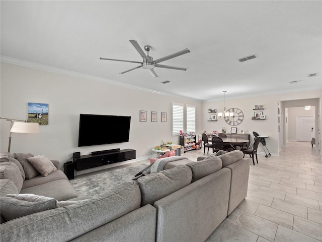 3052 Prelude Ln, Kissimmee, FL 34746 - living room with crown molding, a chandelier, ceiling fan, and baseboards