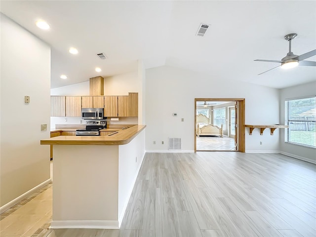 5452 Higgins Way, Orlando, FL 32808 - kitchen with appliances with stainless steel finishes, ceiling fan, plenty of natural light, lofted ceiling, and light brown cabinetry