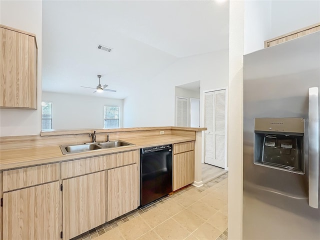 5452 Higgins Way, Orlando, FL 32808 - kitchen featuring dishwasher, light brown cabinetry, stainless steel fridge with ice dispenser, a sink, and a ceiling fan
