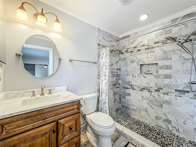 5452 Higgins Way, Orlando, FL 32808 - full bathroom with crown molding, toilet, vanity, and a tile shower