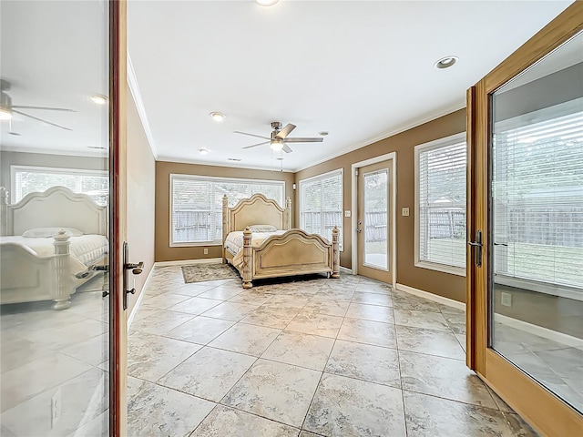 5452 Higgins Way, Orlando, FL 32808 - bedroom featuring ornamental molding, access to exterior, baseboards, light tile patterned flooring, and a ceiling fan