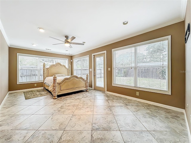 5452 Higgins Way, Orlando, FL 32808 - bedroom featuring ornamental molding, access to outside, baseboards, a ceiling fan, and light tile patterned flooring