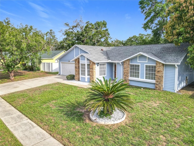 5452 Higgins Way, Orlando, FL 32808 - ranch-style house with concrete driveway, a shingled roof, a garage, and brick siding
