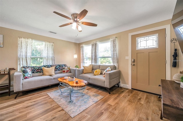 2601 Upton St S, Gulfport, FL 33711 - living room with healthy amount of natural light, light wood-style flooring, a ceiling fan, and baseboards