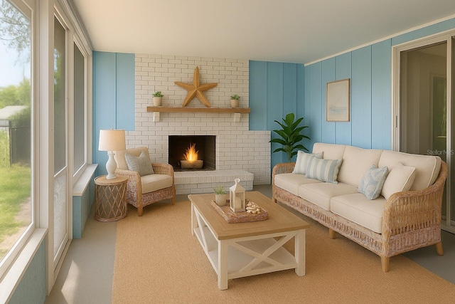 4546 Ontario Dr, New Port Richey, FL 34652 - living room with a brick fireplace and light carpet