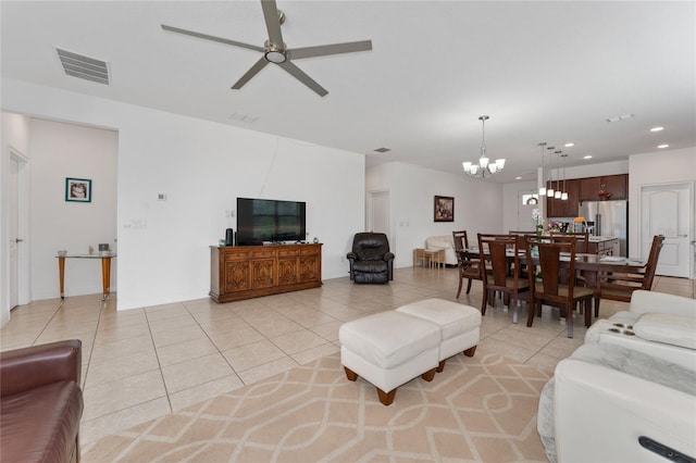 6651 Syreeta Ln, Harmony, FL 34773 - living room featuring light tile patterned floors, a chandelier, ceiling fan, and recessed lighting