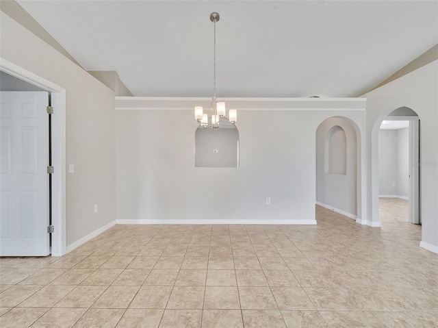 3274 Hunters Chase Loop, Kissimmee, FL 34743 - spare room featuring a chandelier, light tile patterned floors, arched walkways, and baseboards