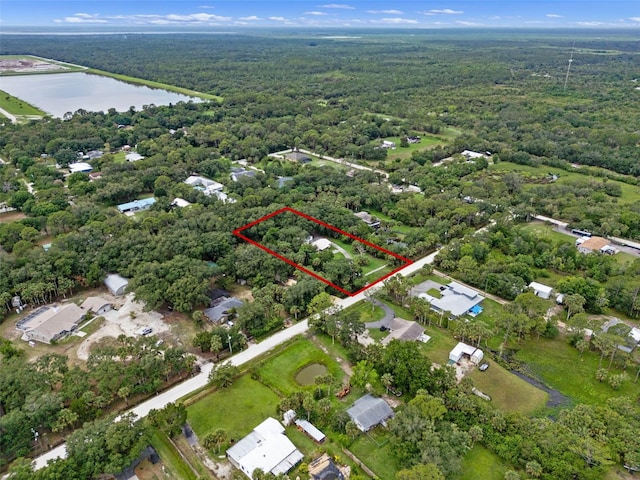 5381 Avocado Ave, Cocoa, FL 32926 - aerial view of property's location featuring a heavily wooded area, a large body of water, and property boundaries highlighted