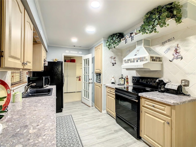 624 Royal Palm Dr, Kissimmee, FL 34743 - kitchen with black range with electric stovetop, decorative backsplash, custom exhaust hood, light wood-style flooring, and light stone countertops