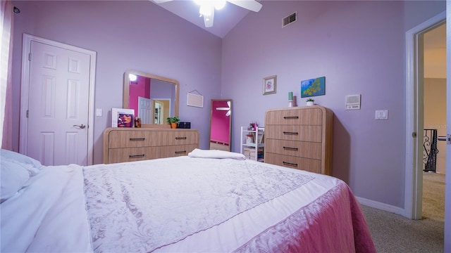 2851 Granada Blvd, Kissimmee, FL 34746 - carpeted bedroom with high vaulted ceiling and a ceiling fan