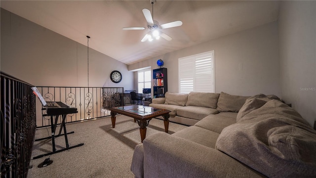2851 Granada Blvd, Kissimmee, FL 34746 - carpeted living room with a ceiling fan and lofted ceiling