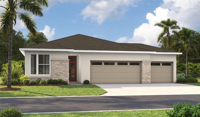 9229 Players Dr, Weeki Wachee, FL 34613 - view of front of house featuring stone siding, stucco siding, concrete driveway, a garage, and a front lawn