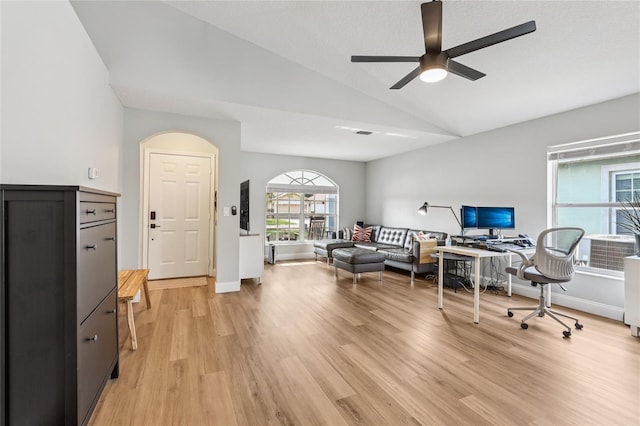 2700 Palm Isle Way, Orlando, FL 32829 - office space with vaulted ceiling, light wood-style flooring, a ceiling fan, and baseboards