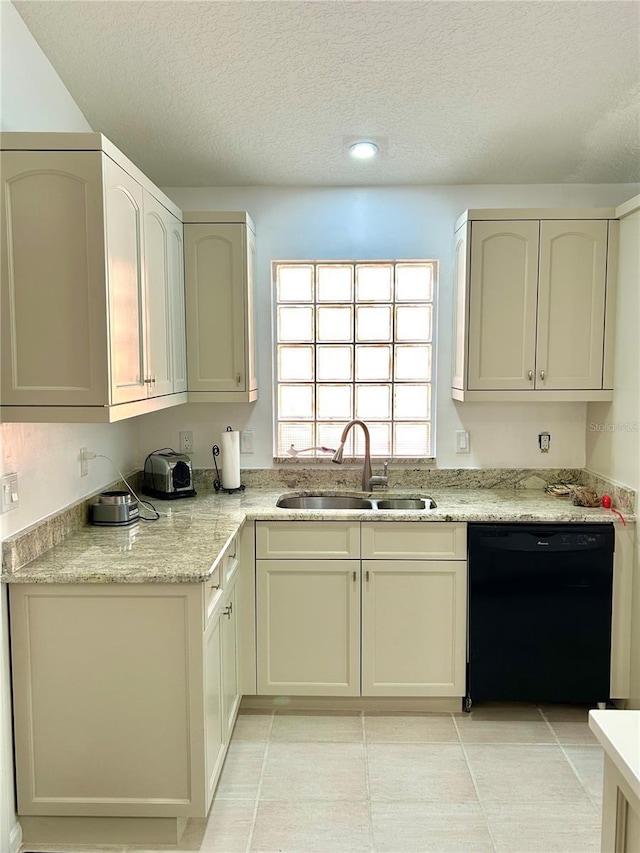 1084 Aspri Way, Riviera Beach, FL 33418 - kitchen with a sink, black dishwasher, a textured ceiling, light stone countertops, and recessed lighting