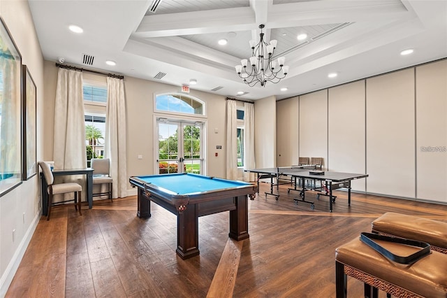 1598 Whitewood Ct, Kissimmee, FL 34747 - rec room featuring recessed lighting, dark wood-style flooring, a chandelier, coffered ceiling, and billiards table