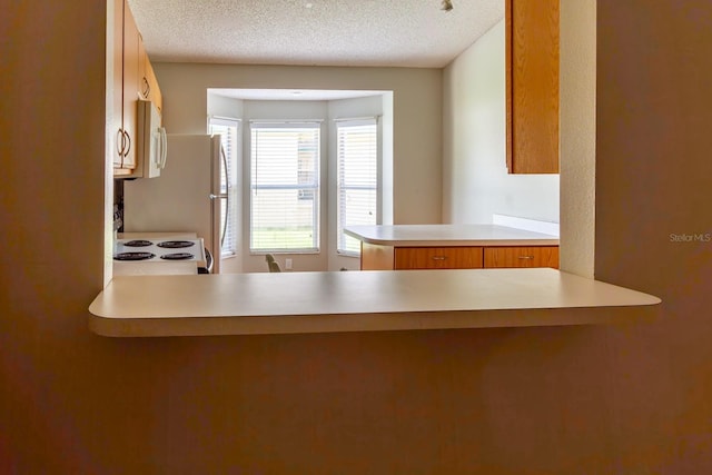 3267 Villa Way Cir, Saint Cloud, FL 34769 - kitchen with a peninsula, white appliances, brown cabinets, a textured ceiling, and light countertops