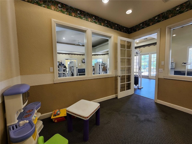 1325 Lake Shadow Cir Unit 12205, Maitland, FL 32751 - playroom with baseboards, french doors, recessed lighting, and dark colored carpet
