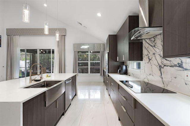 2561 Montego Bay Blvd, Kissimmee, FL 34746 - kitchen featuring wall chimney range hood, stainless steel dishwasher, black electric cooktop, modern cabinets, and light countertops