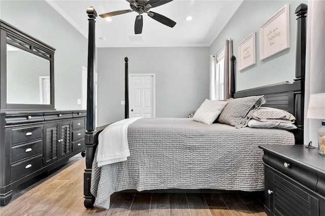 1822 Ashton Dr E, Saint Cloud, FL 34771 - bedroom with ornamental molding, light wood finished floors, a ceiling fan, and recessed lighting