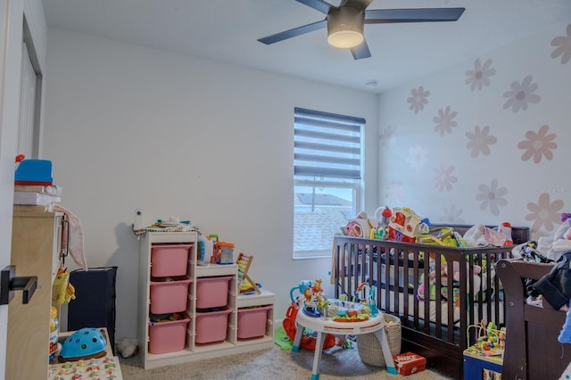 466 Cool Summer Ln, Davenport, FL 33837 - rec room with wallpapered walls, a ceiling fan, and carpet flooring