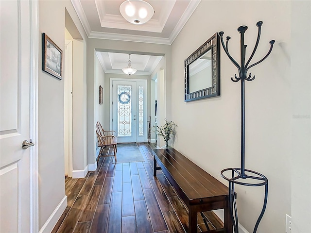 605 San Augusto Dr, Kissimmee, FL 34759 - entryway with a raised ceiling, dark wood-type flooring, and ornamental molding