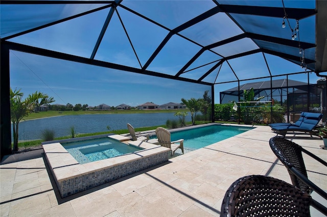 14553 Eagle Branch Dr, Nokomis, FL 34275 - outdoor pool featuring an in-ground hot tub, a patio area, a water view, and a lanai