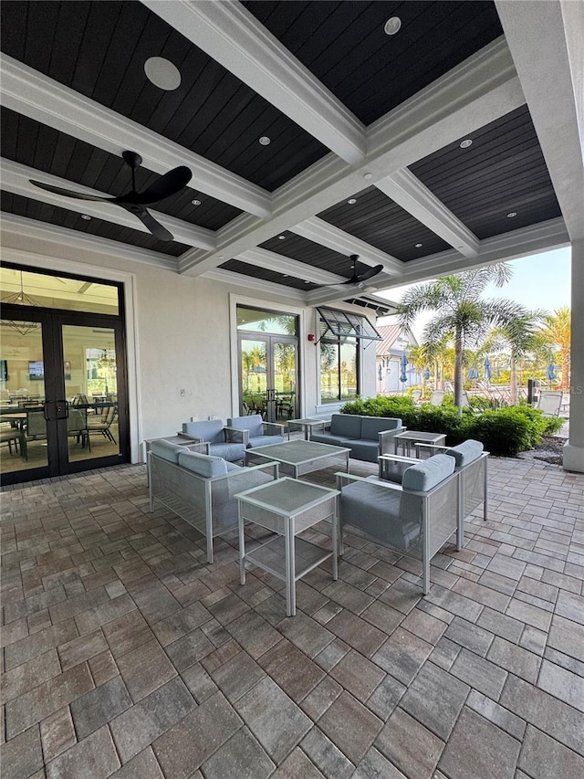 14553 Eagle Branch Dr, Nokomis, FL 34275 - view of patio / terrace featuring french doors, ceiling fan, and an outdoor living space