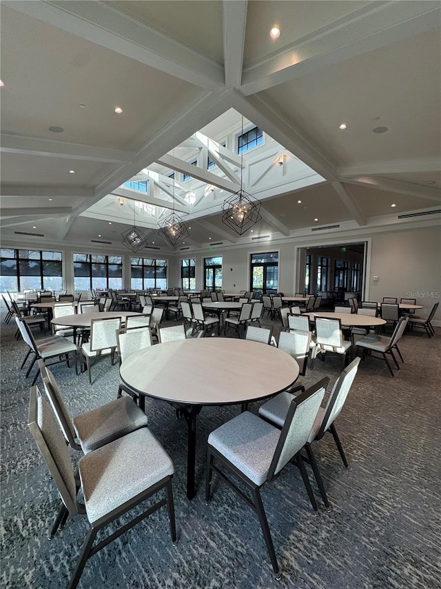 14553 Eagle Branch Dr, Nokomis, FL 34275 - carpeted dining area with beam ceiling, recessed lighting, and coffered ceiling
