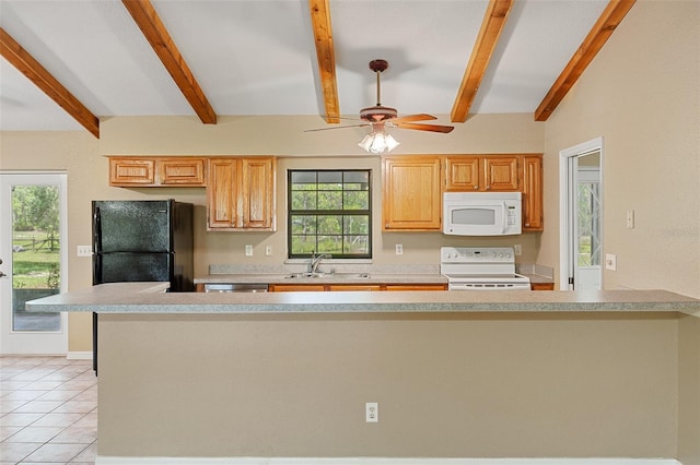 11323 Kijik Trl, Groveland, FL 34736 - kitchen featuring white appliances, light countertops, light tile patterned floors, and ceiling fan