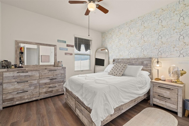 176 Sofia Ln, Lake Alfred, FL 33850 - bedroom featuring dark wood-style floors, an accent wall, and ceiling fan