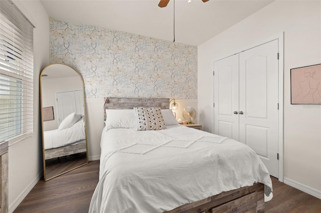 176 Sofia Ln, Lake Alfred, FL 33850 - bedroom featuring dark wood-style floors, a closet, a ceiling fan, and baseboards