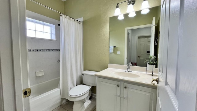3901 Ballinore Pl, Gotha, FL 34734 - full bathroom with toilet, vanity, tile patterned floors, shower / bathtub combination with curtain, and a textured wall
