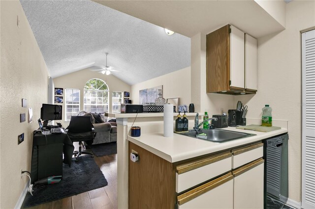 1025 S Hiawassee Rd Unit 2225, Orlando, FL 32835 - kitchen featuring wood finished floors, light countertops, a sink, vaulted ceiling, and an office area