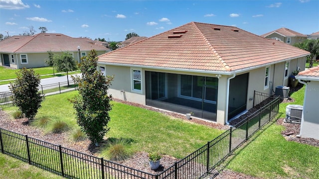 1101 Downswing Pl, Davenport, FL 33896 - back of property with a sunroom, a tile roof, stucco siding, and central air condition unit