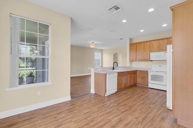 2255 Stone Lake Ct, Orlando, FL 32824 - kitchen with white appliances, a peninsula, open floor plan, light wood finished floors, and light countertops