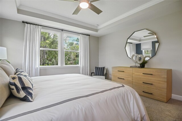 212 Thornberry Way, Palm Coast, FL 32164 - bedroom featuring a raised ceiling, ornamental molding, light carpet, and a ceiling fan