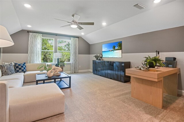212 Thornberry Way, Palm Coast, FL 32164 - carpeted living room with lofted ceiling, a ceiling fan, and recessed lighting