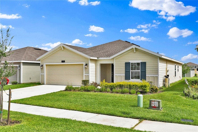 4492 Bluff Oak Loop, Kissimmee, FL 34746 - ranch-style home with a garage, concrete driveway, a front lawn, and roof with shingles