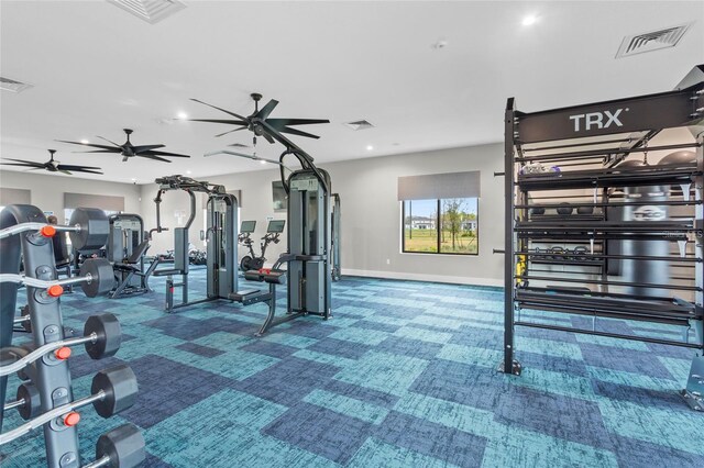 4492 Bluff Oak Loop, Kissimmee, FL 34746 - gym featuring carpet, a ceiling fan, and recessed lighting