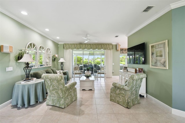 201 Largo Dr, Kissimmee, FL 34759 - tiled living area with ornamental molding, ceiling fan, and recessed lighting