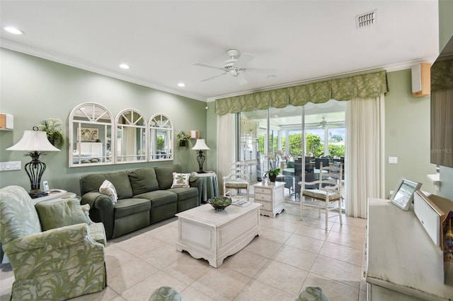 201 Largo Dr, Kissimmee, FL 34759 - living room featuring a ceiling fan, recessed lighting, ornamental molding, and light tile patterned flooring
