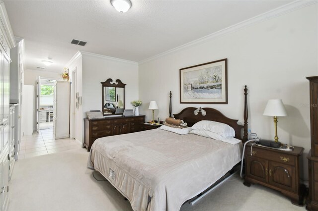 201 Largo Dr, Kissimmee, FL 34759 - bedroom featuring ornamental molding, light carpet, and light tile patterned floors